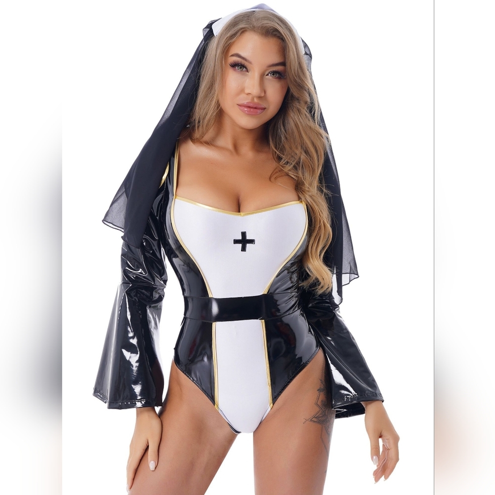Women Faux Leather PVC Wetlook Nun Costume